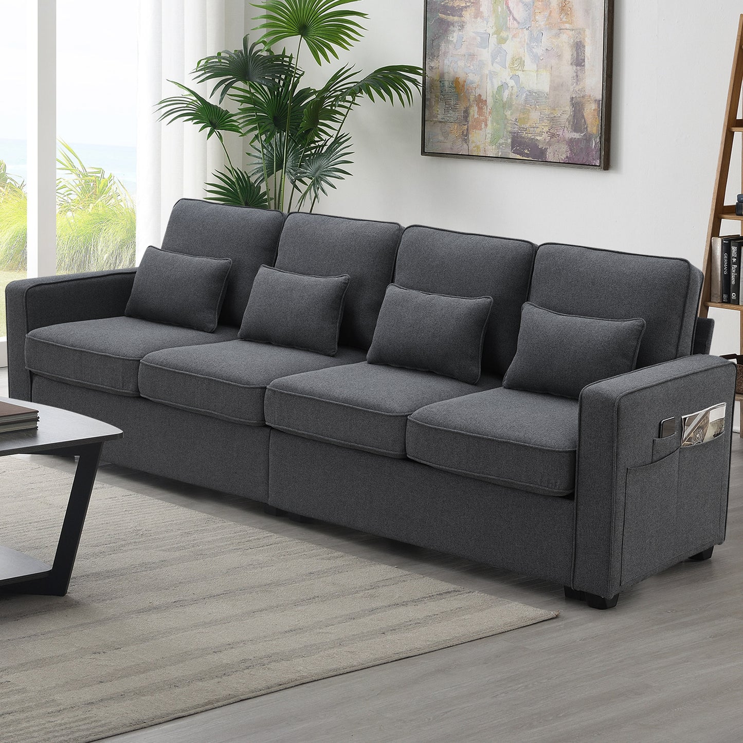 [VIDEO provided] [New] 104' 4-Seater Modern Linen Fabric Sofa with Armrest Pockets and 4 Pillows,Minimalist Style Couch for Living Room, Apartment, Office,3 Colors