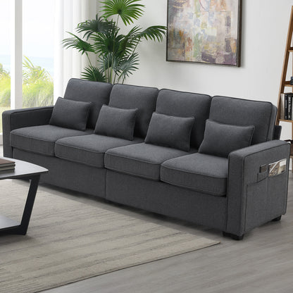 [VIDEO provided] [New] 104' 4-Seater Modern Linen Fabric Sofa with Armrest Pockets and 4 Pillows,Minimalist Style Couch for Living Room, Apartment, Office,3 Colors