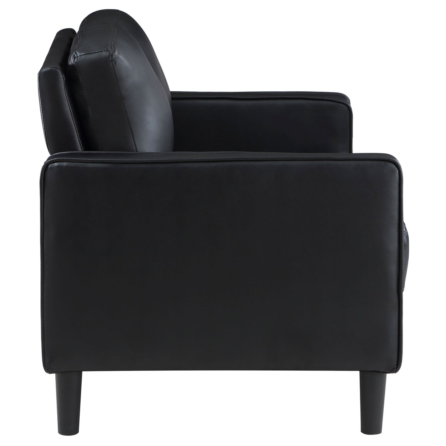 Farallone Black Upholstered Track Arm Loveseat with Smooth Faux Leather, Tapered Feet, and Modern Design - 1st Choice Furniture Direct