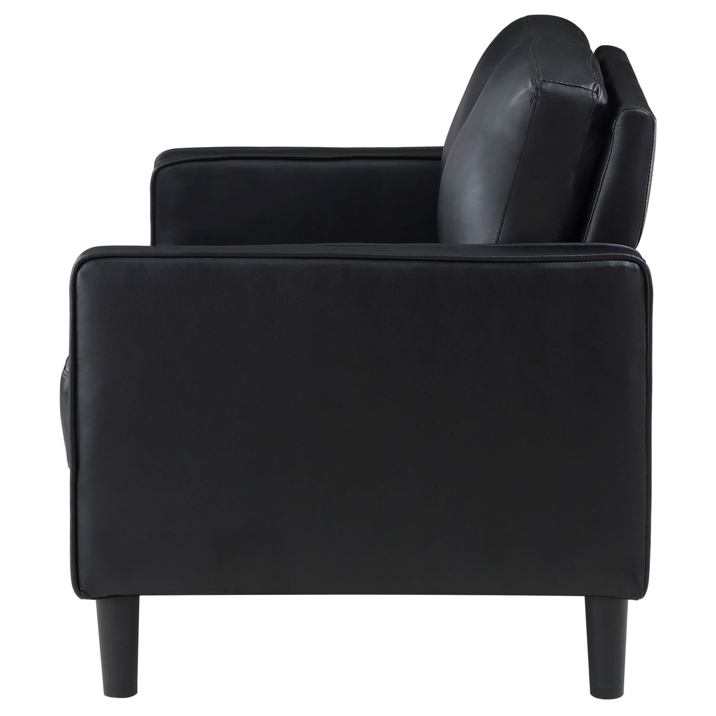 Farallone Black Upholstered Track Arm Loveseat with Smooth Faux Leather, Tapered Feet, and Modern Design - 1st Choice Furniture Direct