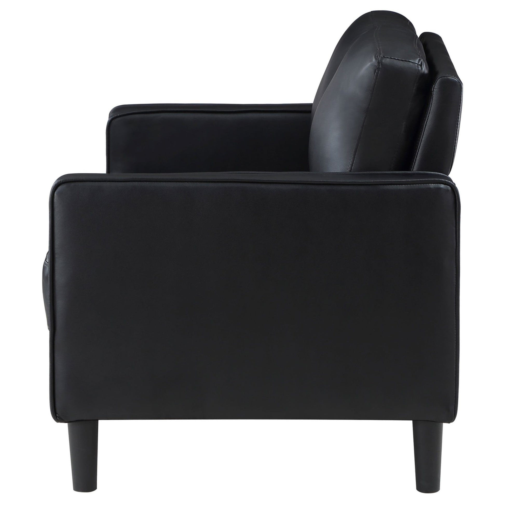 Farallone Black Upholstered Track Arm Loveseat with Smooth Faux Leather, Tapered Feet, and Modern Design - 1st Choice Furniture Direct