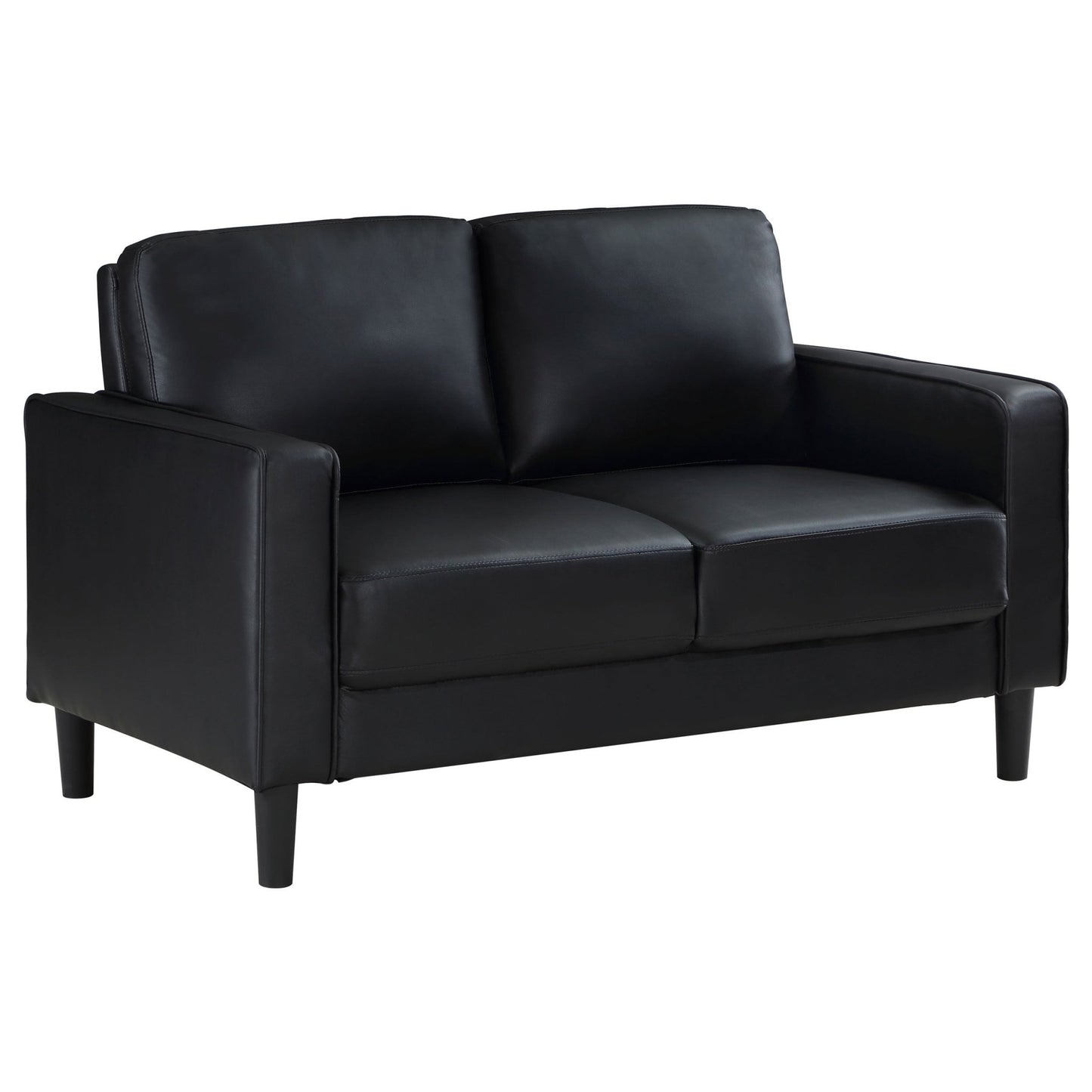 Farallone Black Upholstered Track Arm Loveseat with Smooth Faux Leather, Tapered Feet, and Modern Design - 1st Choice Furniture Direct
