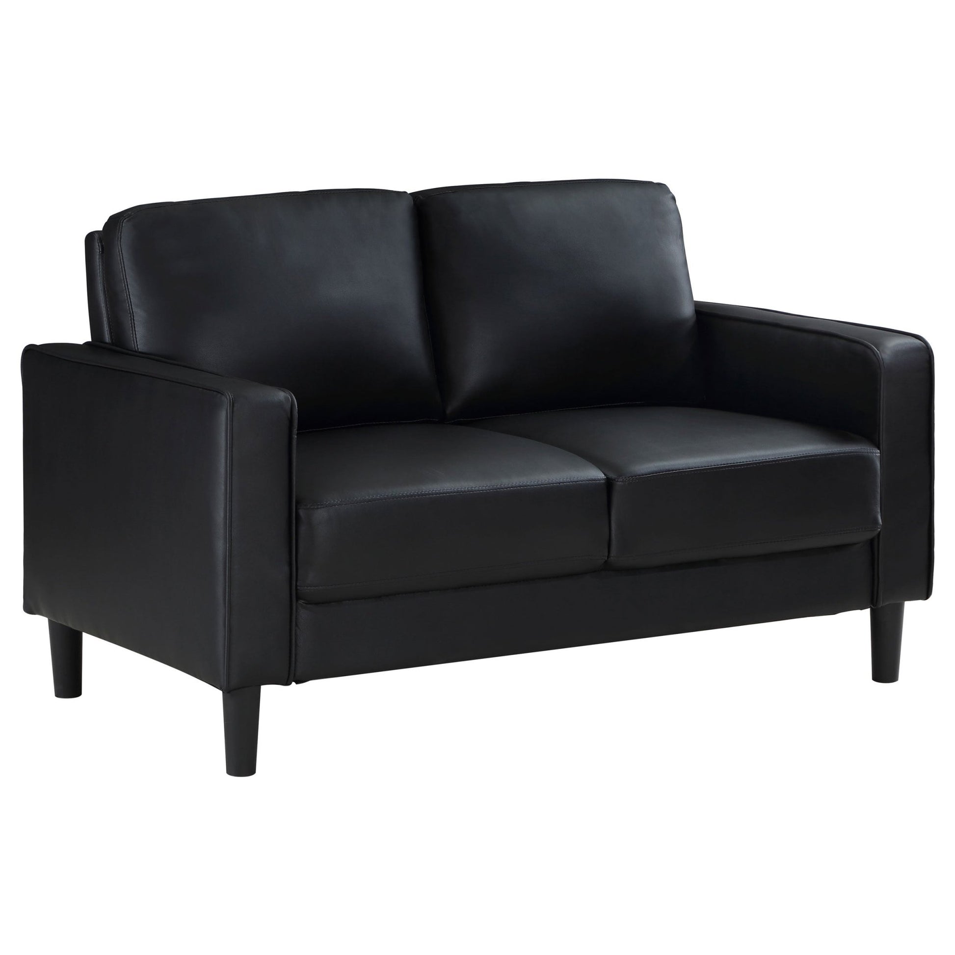 Farallone Black Upholstered Track Arm Loveseat with Smooth Faux Leather, Tapered Feet, and Modern Design - 1st Choice Furniture Direct
