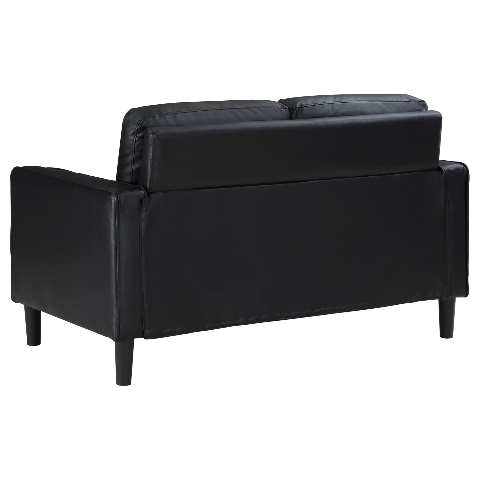 Farallone Black Upholstered Track Arm Loveseat with Smooth Faux Leather, Tapered Feet, and Modern Design - 1st Choice Furniture Direct