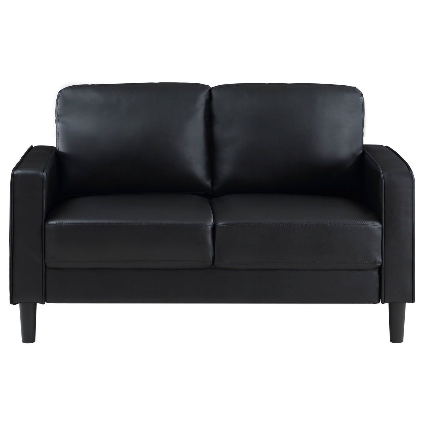 Farallone Black Upholstered Track Arm Loveseat with Smooth Faux Leather, Tapered Feet, and Modern Design - 1st Choice Furniture Direct