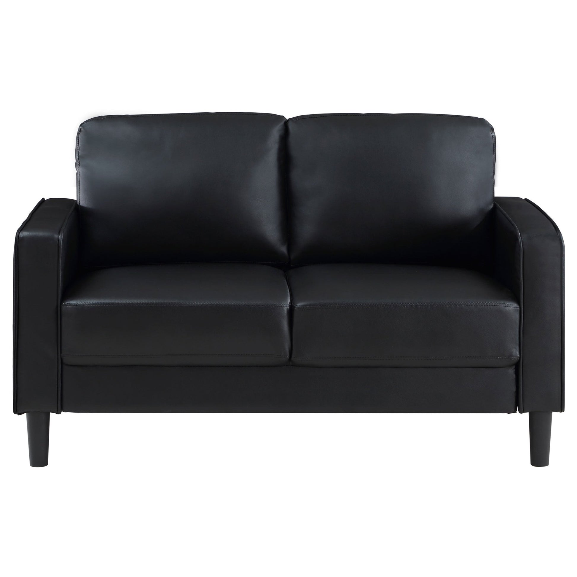 Farallone Black Upholstered Track Arm Loveseat with Smooth Faux Leather, Tapered Feet, and Modern Design - 1st Choice Furniture Direct