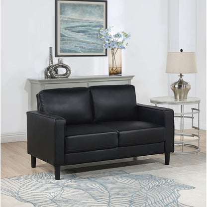 Farallone Black Upholstered Track Arm Loveseat with Smooth Faux Leather, Tapered Feet, and Modern Design - 1st Choice Furniture Direct