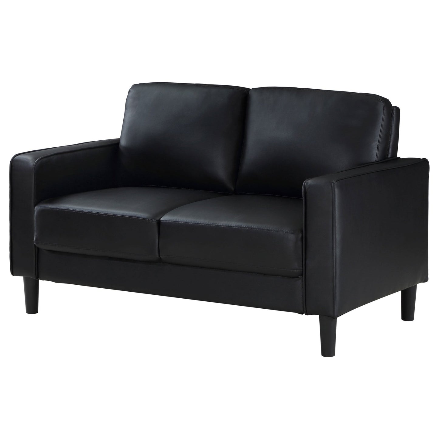 Farallone Black Upholstered Track Arm Loveseat with Smooth Faux Leather, Tapered Feet, and Modern Design - 1st Choice Furniture Direct