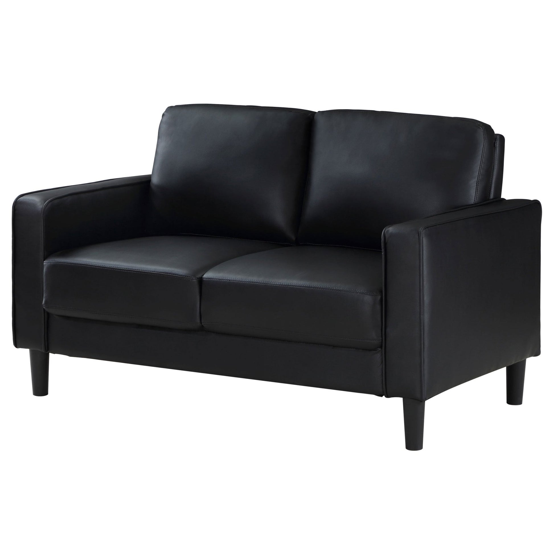Farallone Black Upholstered Track Arm Loveseat with Smooth Faux Leather, Tapered Feet, and Modern Design - 1st Choice Furniture Direct