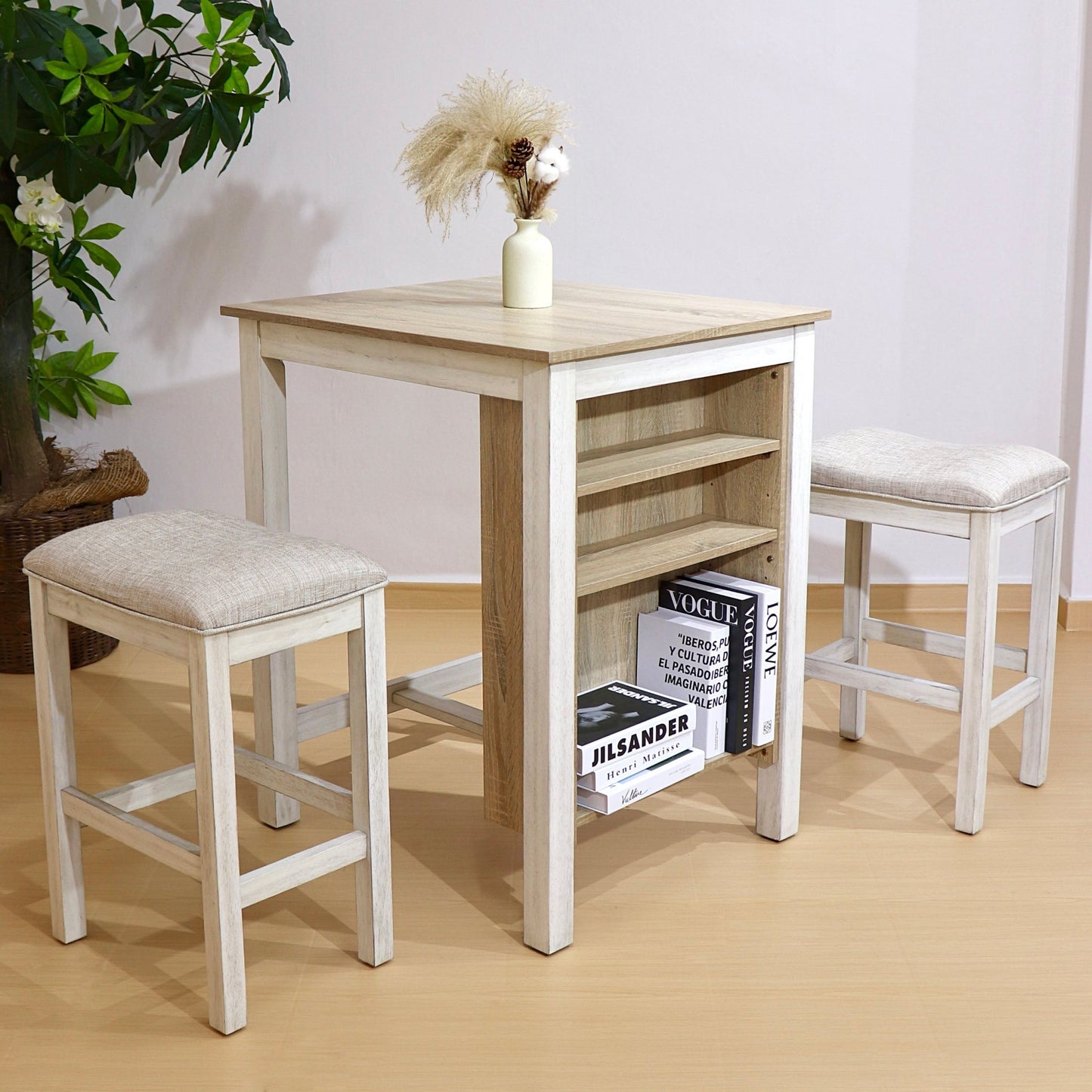Farmhouse 3 Piece Dining Set with Storage | Space Saving White Oak Table Set - 1st Choice Furniture Direct