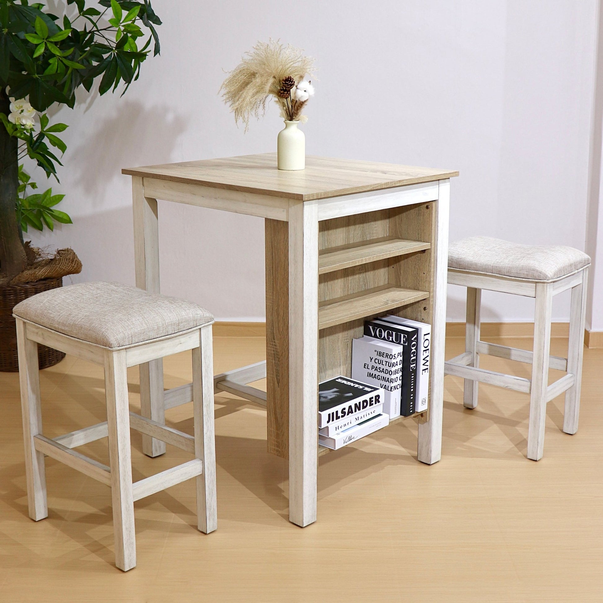 Farmhouse 3 Piece Dining Set with Storage | Space Saving White Oak Table Set - 1st Choice Furniture Direct