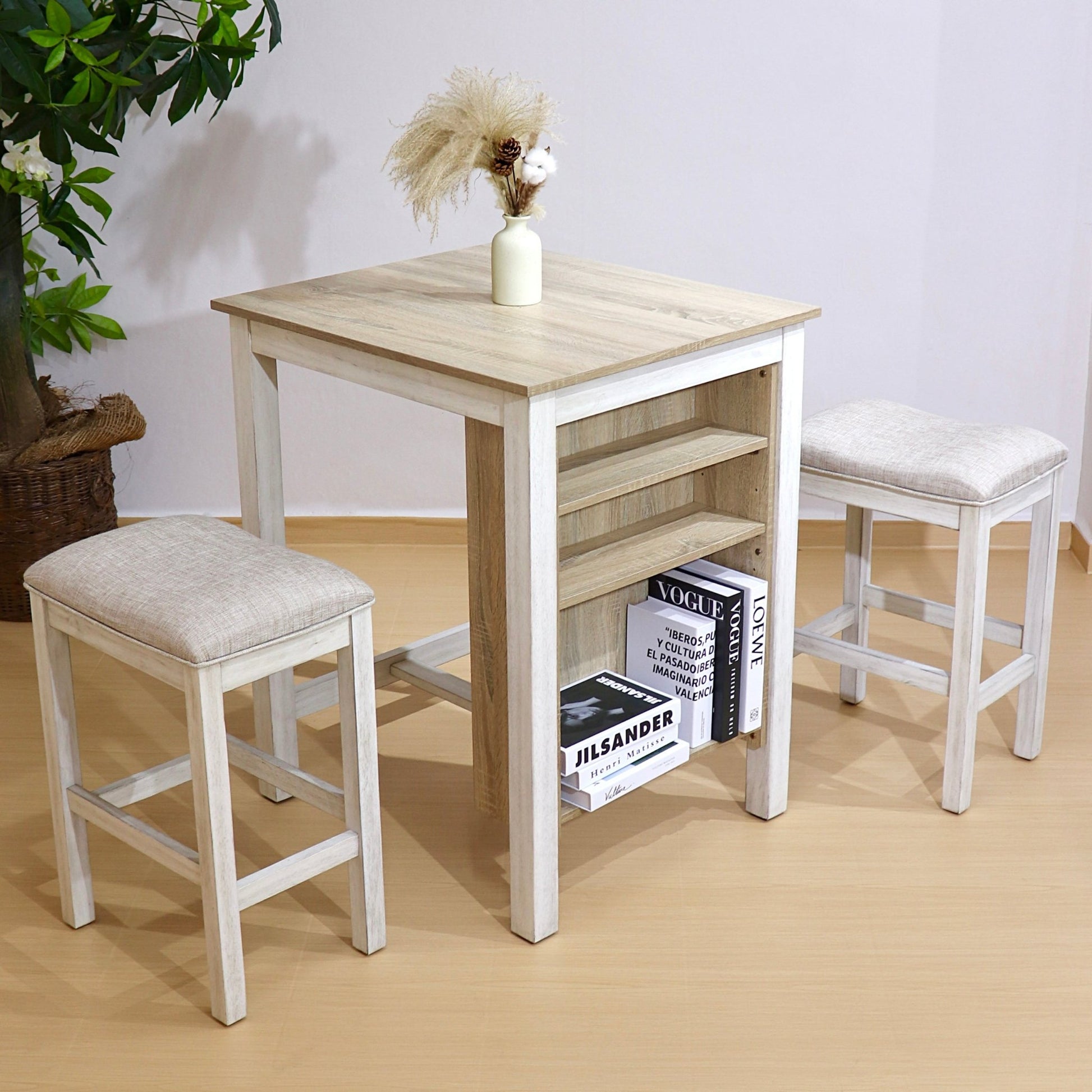 Farmhouse 3 Piece Dining Set with Storage | Space Saving White Oak Table Set - 1st Choice Furniture Direct