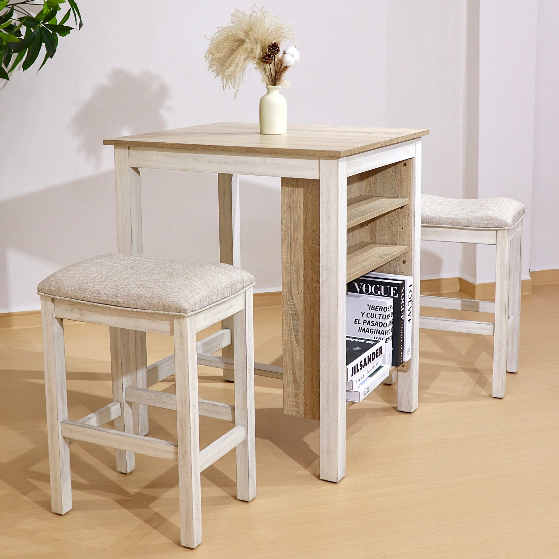 Farmhouse 3 Piece Dining Set with Storage | Space Saving White Oak Table Set - 1st Choice Furniture Direct