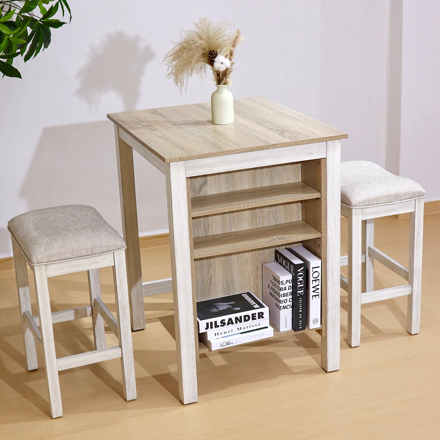 Farmhouse 3 Piece Dining Set with Storage | Space Saving White Oak Table Set - 1st Choice Furniture Direct