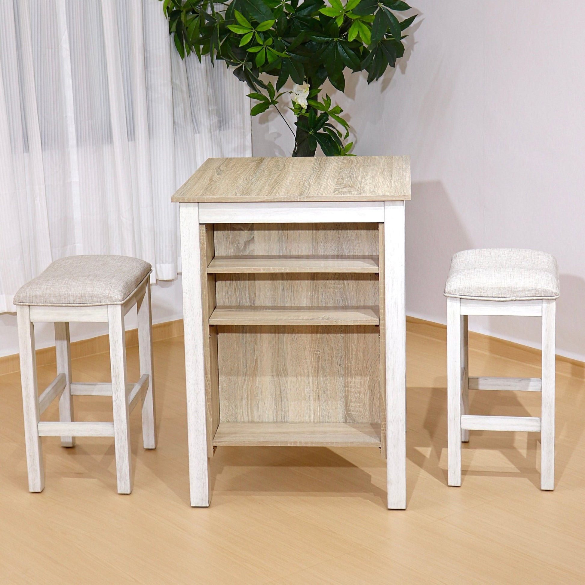 Farmhouse 3 Piece Dining Set with Storage | Space Saving White Oak Table Set - 1st Choice Furniture Direct