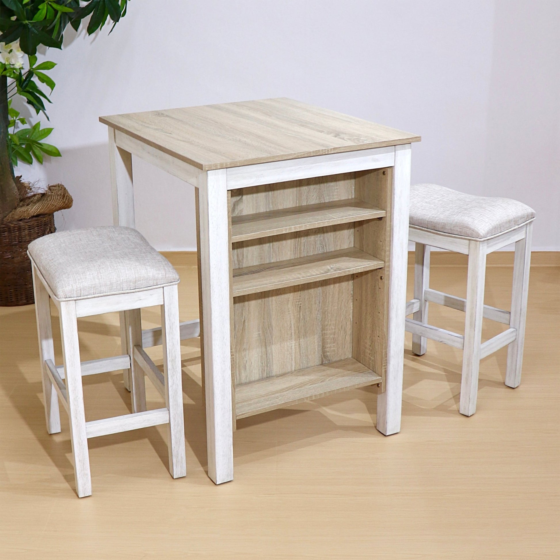 Farmhouse 3 Piece Dining Set with Storage | Space Saving White Oak Table Set - 1st Choice Furniture Direct