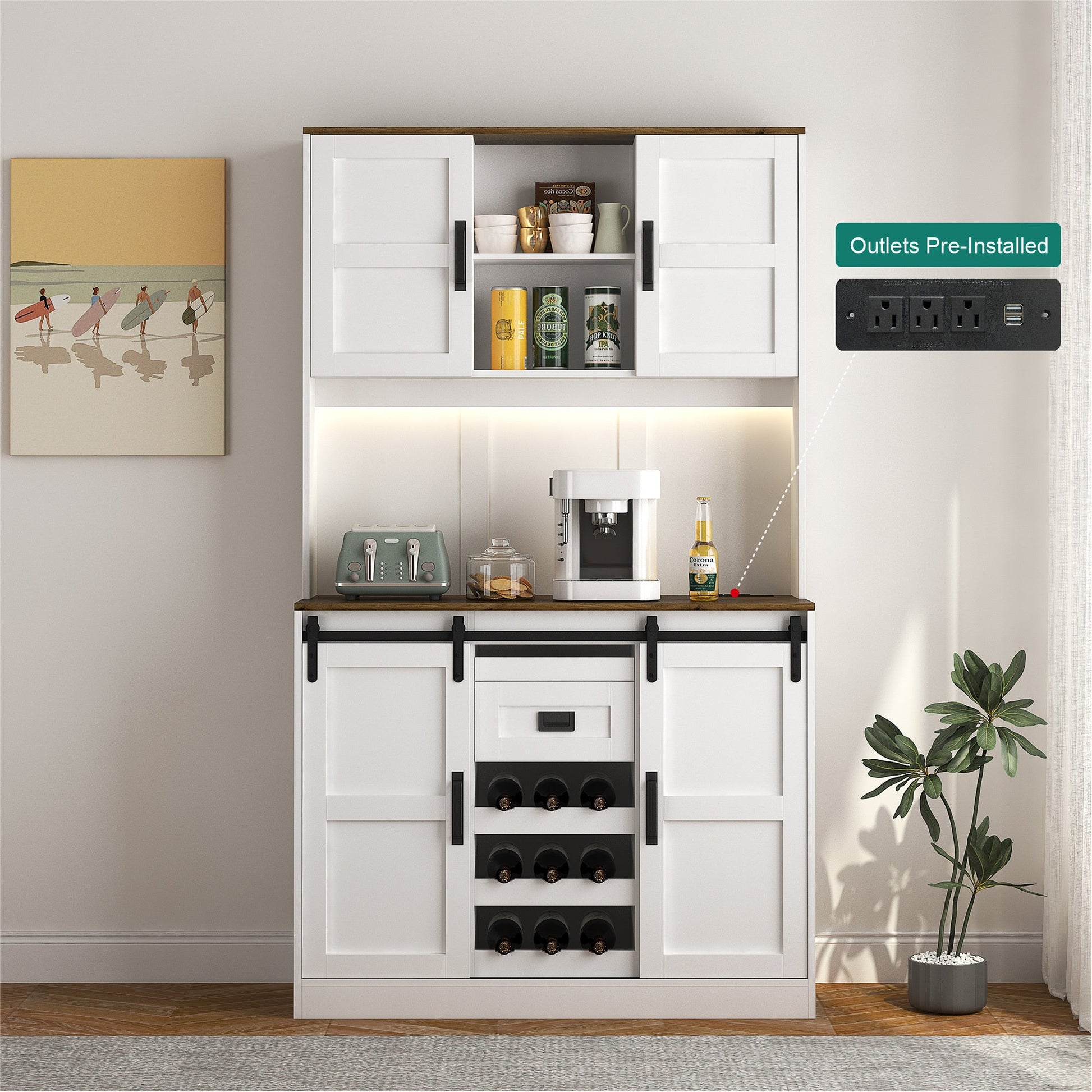 Farmhouse Bar Cabinet with Sliding Barn Door, Large Kitchen BuffetRustic Coffee Bar Sideboard Table,White - 1st Choice Furniture Direct