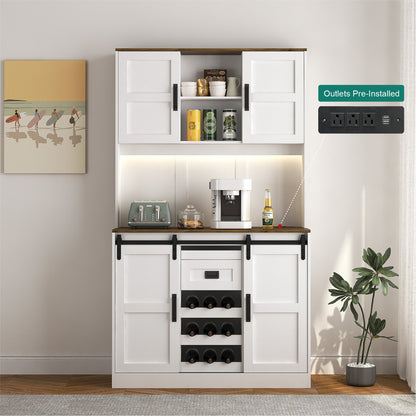 Farmhouse Bar Cabinet with Sliding Barn Door, Large Kitchen BuffetRustic Coffee Bar Sideboard Table,White - 1st Choice Furniture Direct