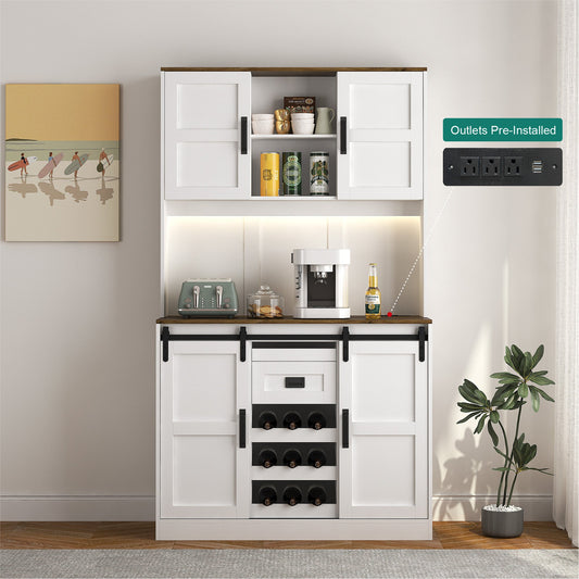 Farmhouse Bar Cabinet with Sliding Barn Door, Large Kitchen BuffetRustic Coffee Bar Sideboard Table,White - 1st Choice Furniture Direct