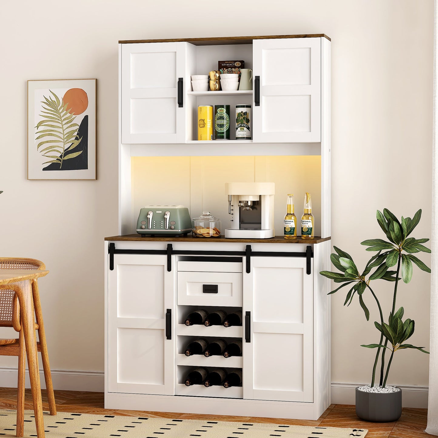 Farmhouse Bar Cabinet with Sliding Barn Door, Large Kitchen BuffetRustic Coffee Bar Sideboard Table,White - 1st Choice Furniture Direct
