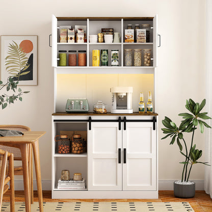 Farmhouse Bar Cabinet with Sliding Barn Door, Large Kitchen BuffetRustic Coffee Bar Sideboard Table,White - 1st Choice Furniture Direct