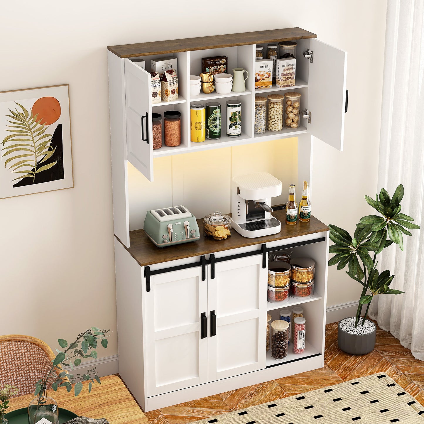Farmhouse Bar Cabinet with Sliding Barn Door, Large Kitchen BuffetRustic Coffee Bar Sideboard Table,White - 1st Choice Furniture Direct