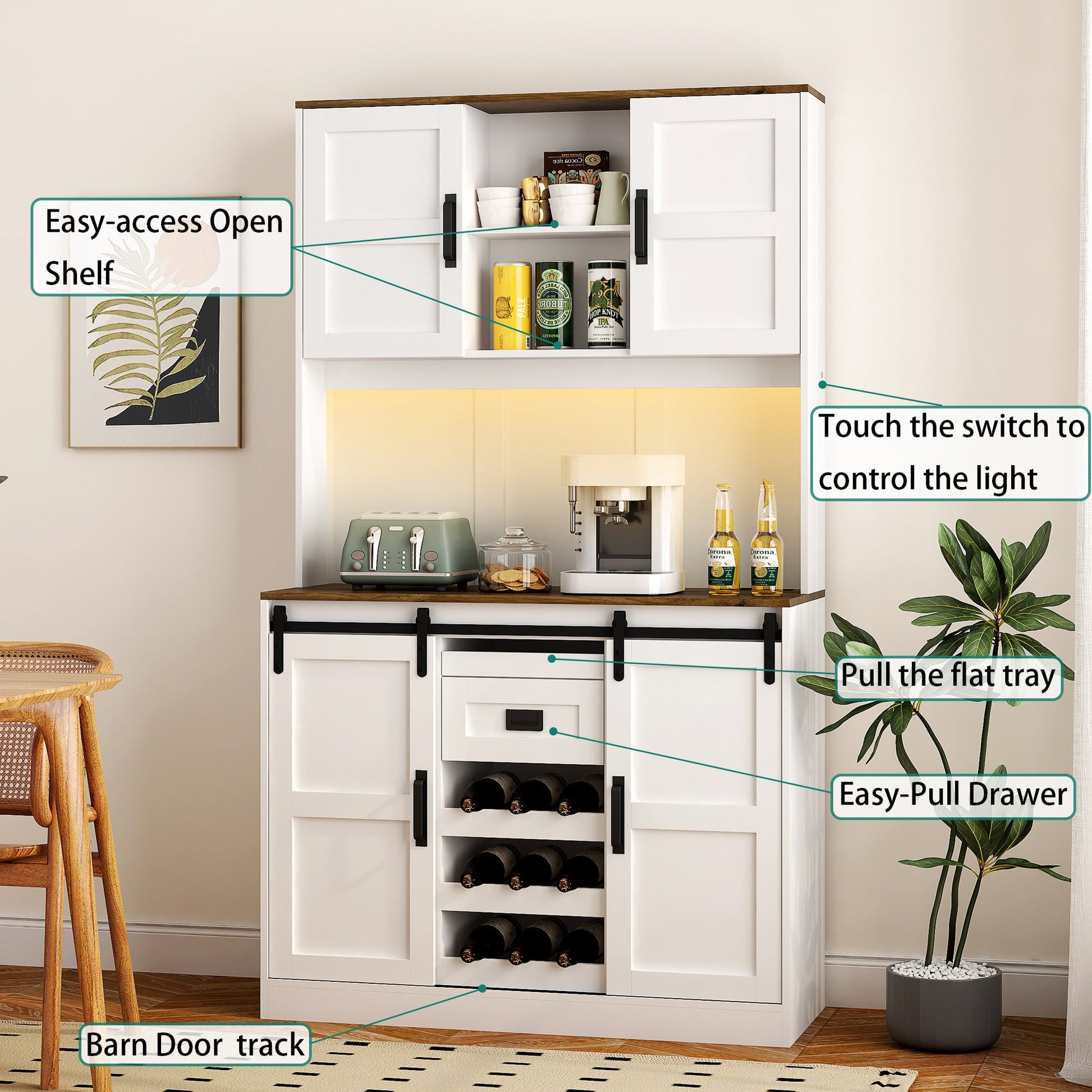 Farmhouse Bar Cabinet with Sliding Barn Door, Large Kitchen BuffetRustic Coffee Bar Sideboard Table,White - 1st Choice Furniture Direct