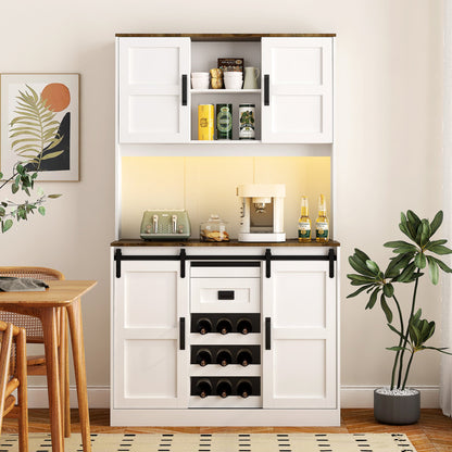 Farmhouse Bar Cabinet with Sliding Barn Door, Large Kitchen BuffetRustic Coffee Bar Sideboard Table,White - 1st Choice Furniture Direct