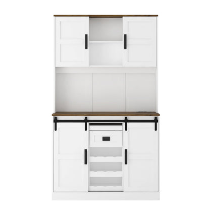 Farmhouse Bar Cabinet with Sliding Barn Door, Large Kitchen BuffetRustic Coffee Bar Sideboard Table,White - 1st Choice Furniture Direct