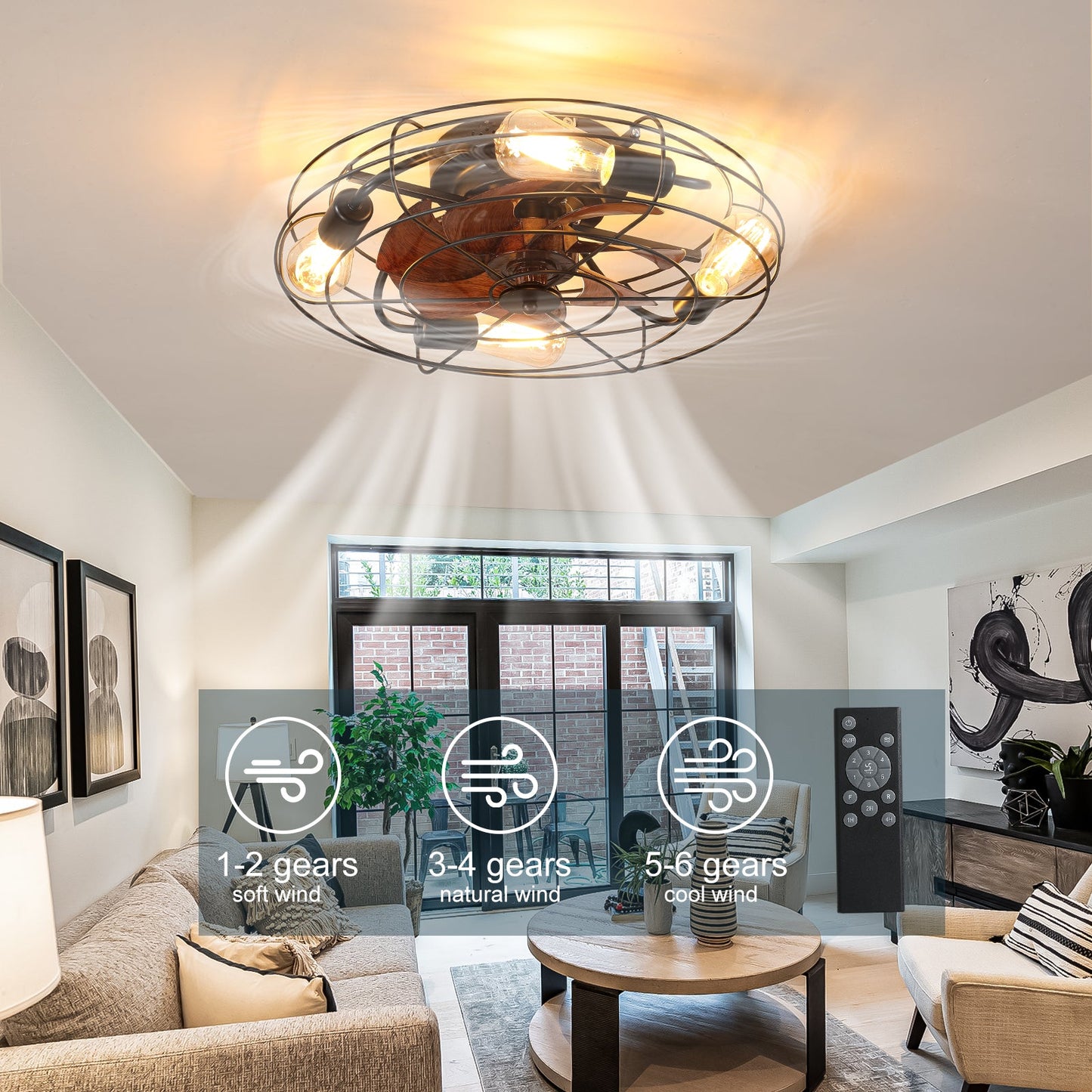 Farmhouse Caged Ceiling Fan with Light and Remote Control - 1st Choice Furniture Direct
