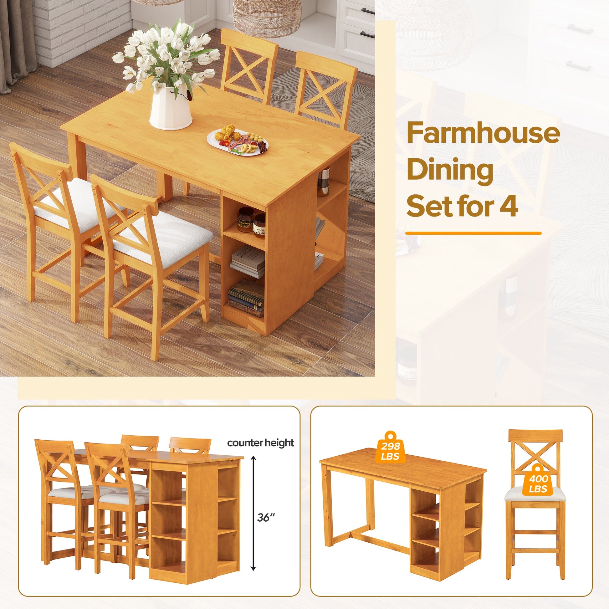 Farmhouse Counter Height Dining Set for 4 | 5 Piece Dining Set with Storage - 1st Choice Furniture Direct