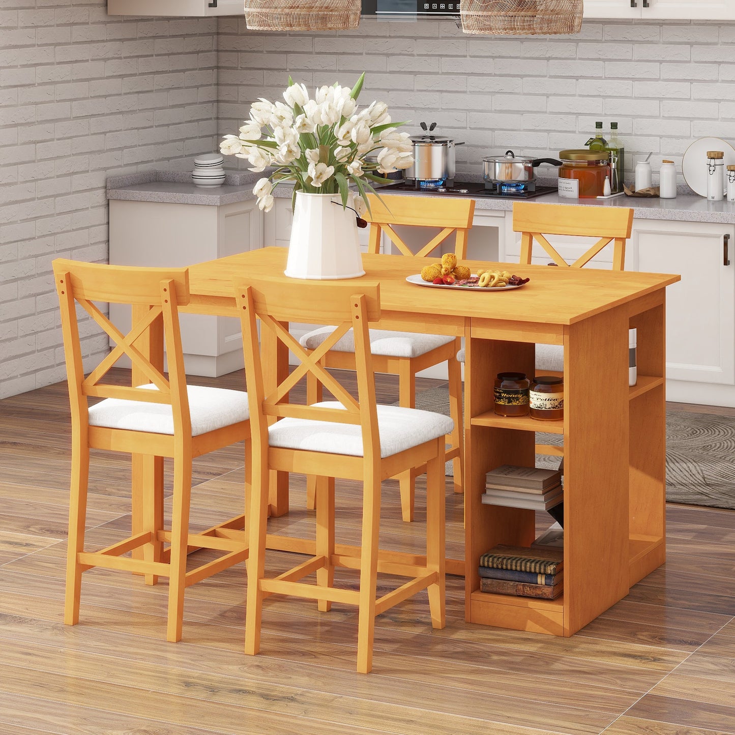 Farmhouse Counter Height Dining Set for 4 | 5 Piece Dining Set with Storage - 1st Choice Furniture Direct
