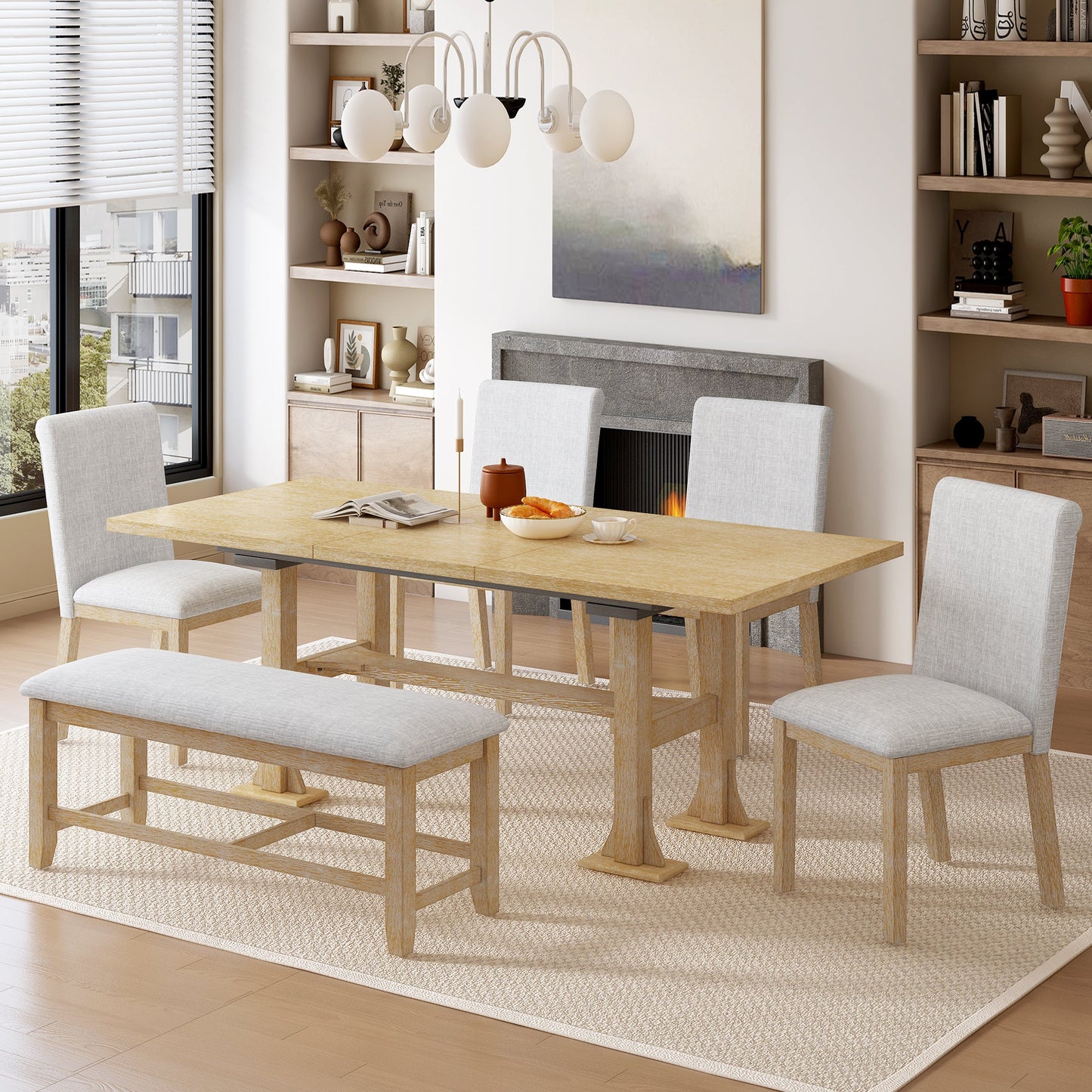 Farmhouse Extendable Dining Table Set for 6 – Rubber Wood Table with Chairs & Bench - 1st Choice Furniture Direct