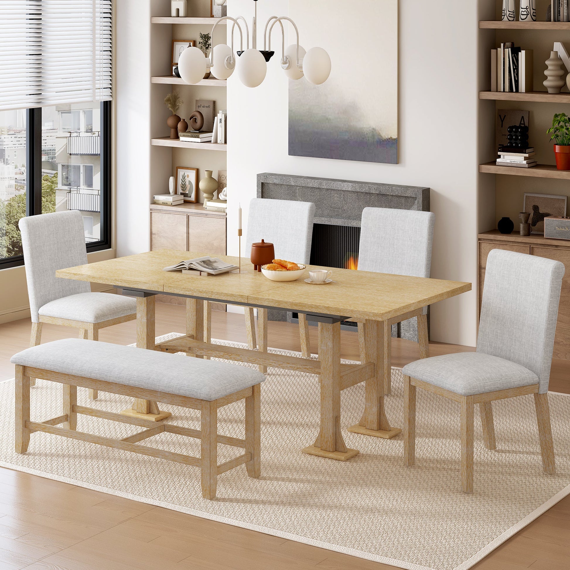 Farmhouse Extendable Dining Table Set for 6 – Rubber Wood Table with Chairs & Bench - 1st Choice Furniture Direct