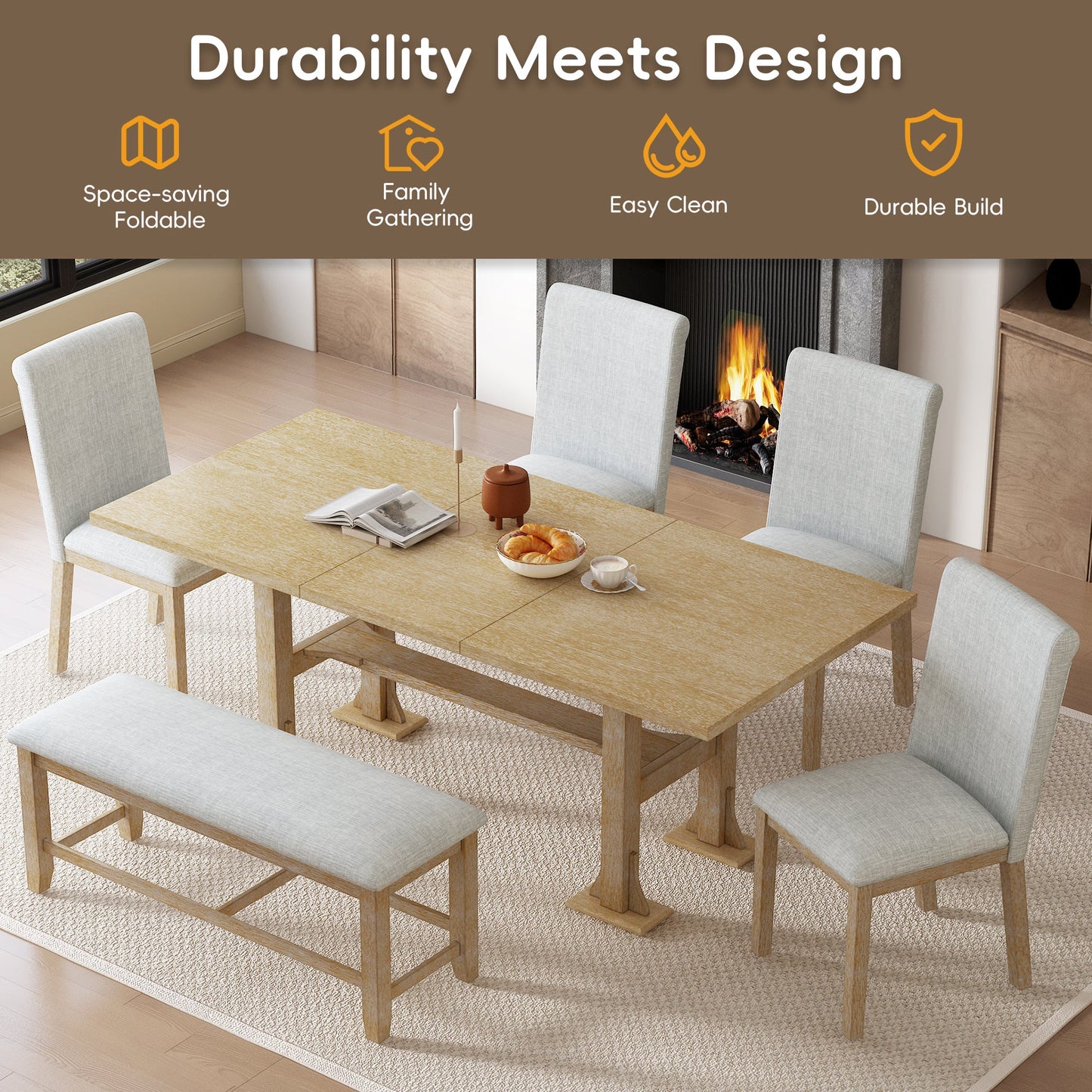 Farmhouse Extendable Dining Table Set for 6 – Rubber Wood Table with Chairs & Bench - 1st Choice Furniture Direct