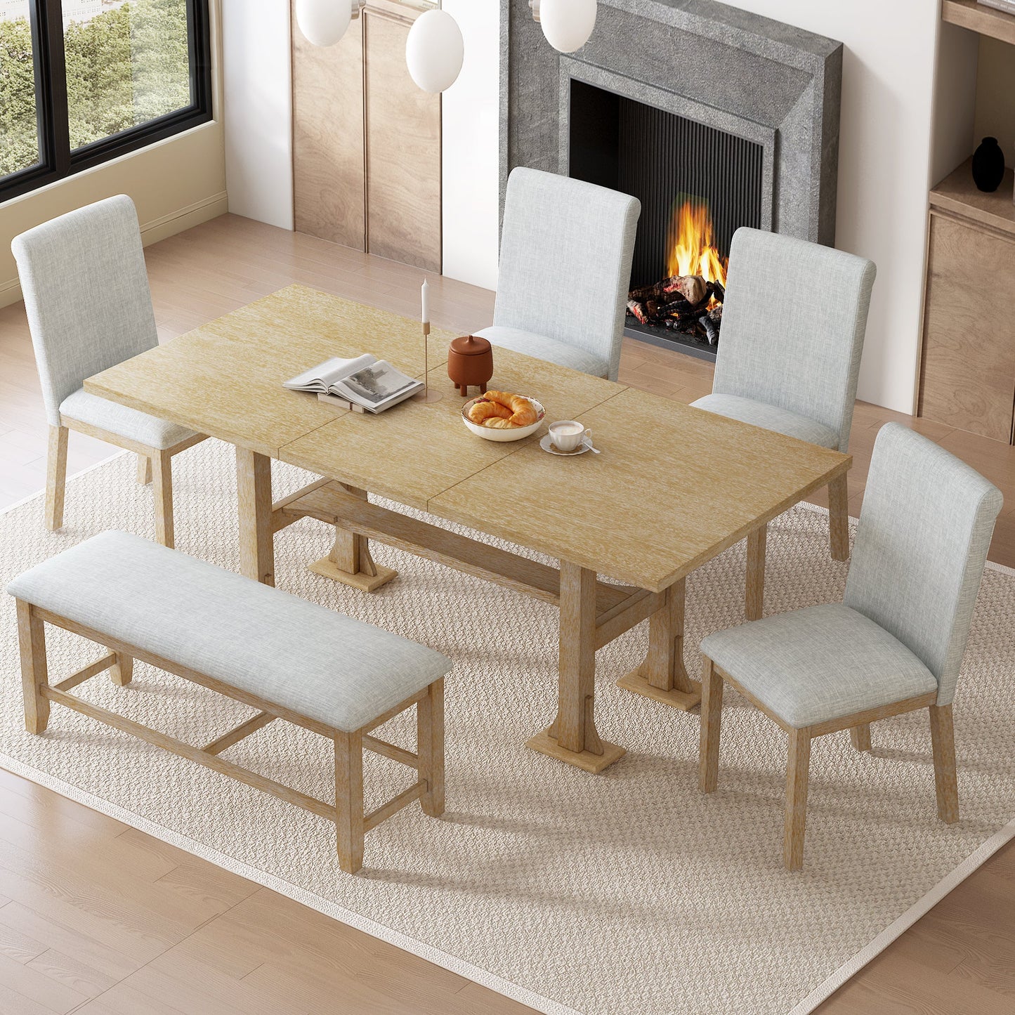Farmhouse Extendable Dining Table Set for 6 – Rubber Wood Table with Chairs & Bench - 1st Choice Furniture Direct