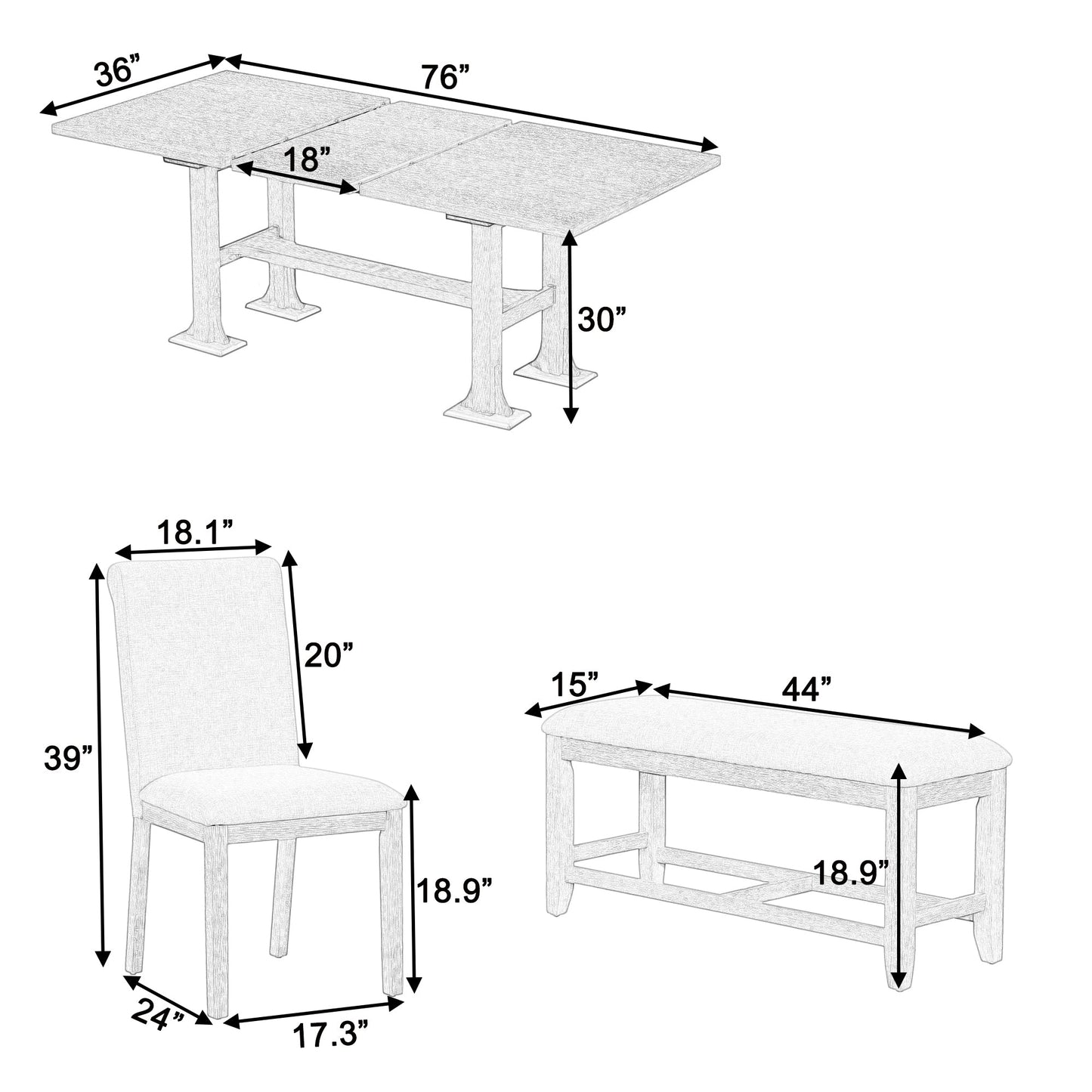 Farmhouse Extendable Dining Table Set for 6 – Rubber Wood Table with Chairs & Bench - 1st Choice Furniture Direct