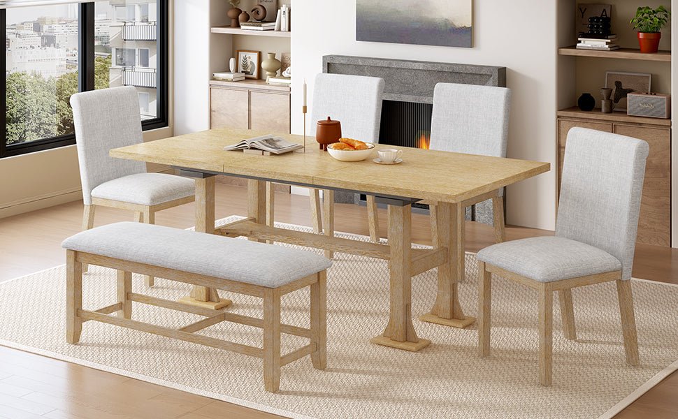 Farmhouse Extendable Dining Table Set for 6 – Rubber Wood Table with Chairs & Bench - 1st Choice Furniture Direct