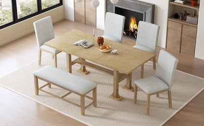 Farmhouse Extendable Dining Table Set for 6 – Rubber Wood Table with Chairs & Bench - 1st Choice Furniture Direct
