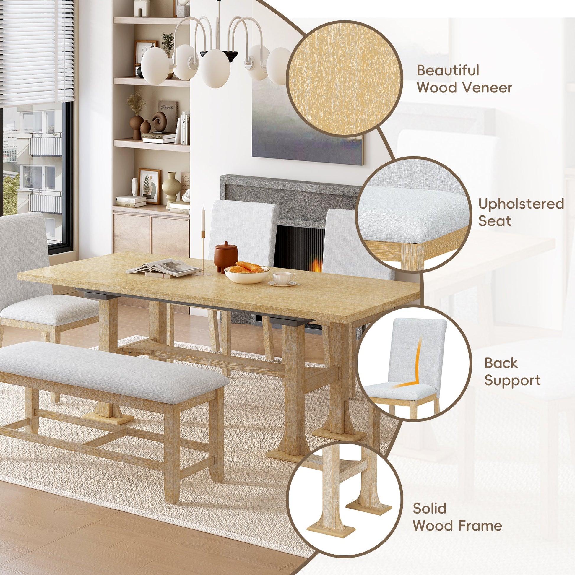 Farmhouse Extendable Dining Table Set for 6 – Rubber Wood Table with Chairs & Bench - 1st Choice Furniture Direct