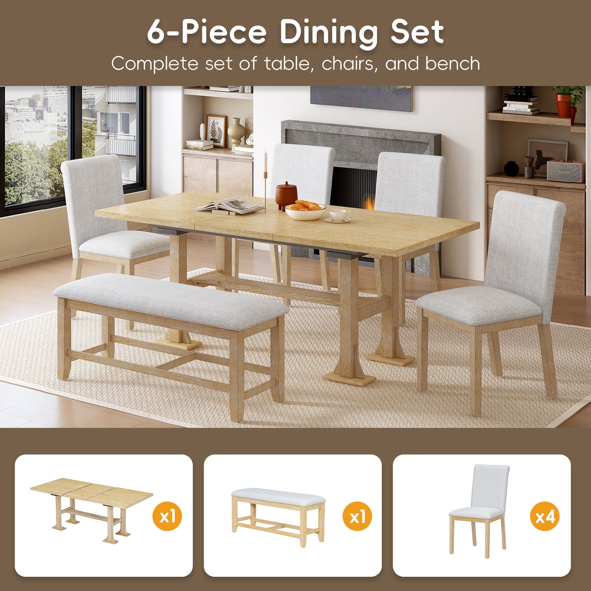 Farmhouse Extendable Dining Table Set for 6 – Rubber Wood Table with Chairs & Bench - 1st Choice Furniture Direct