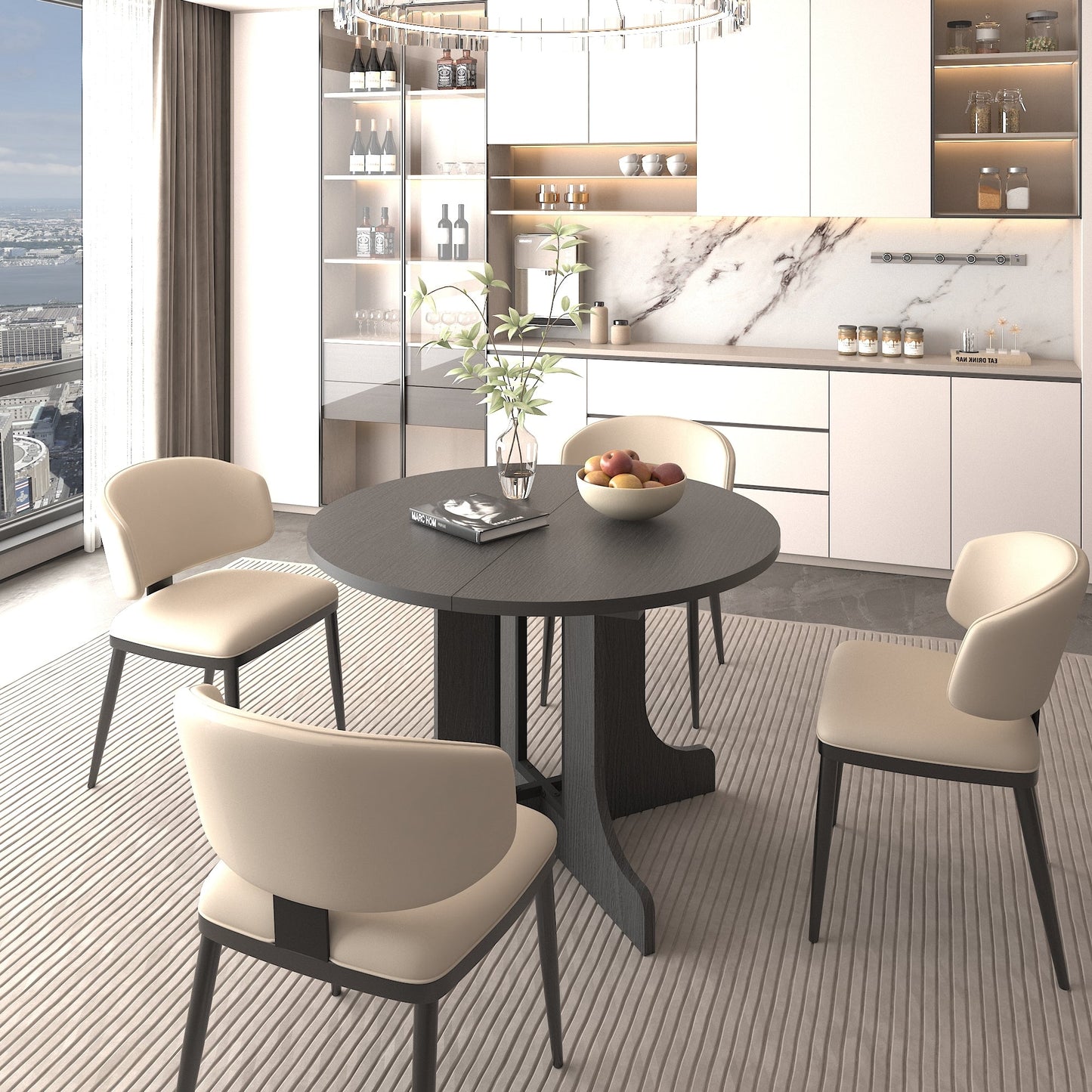 Farmhouse Kitchen Dining Table 59x43 Inch Expandable Oval Top with Removable Leaf Black MDF - 1st Choice Furniture Direct