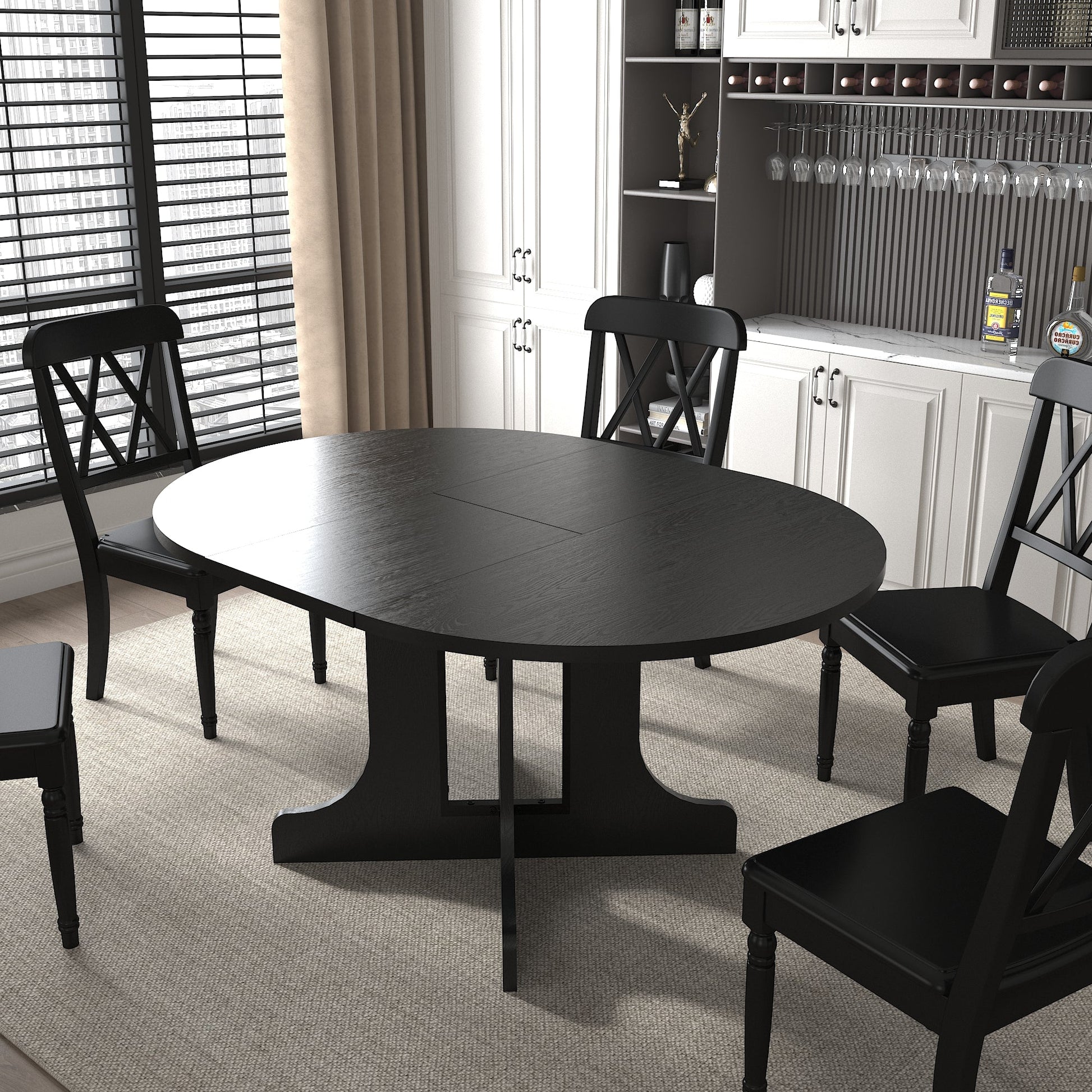 Farmhouse Kitchen Dining Table 59x43 Inch Expandable Oval Top with Removable Leaf Black MDF - 1st Choice Furniture Direct