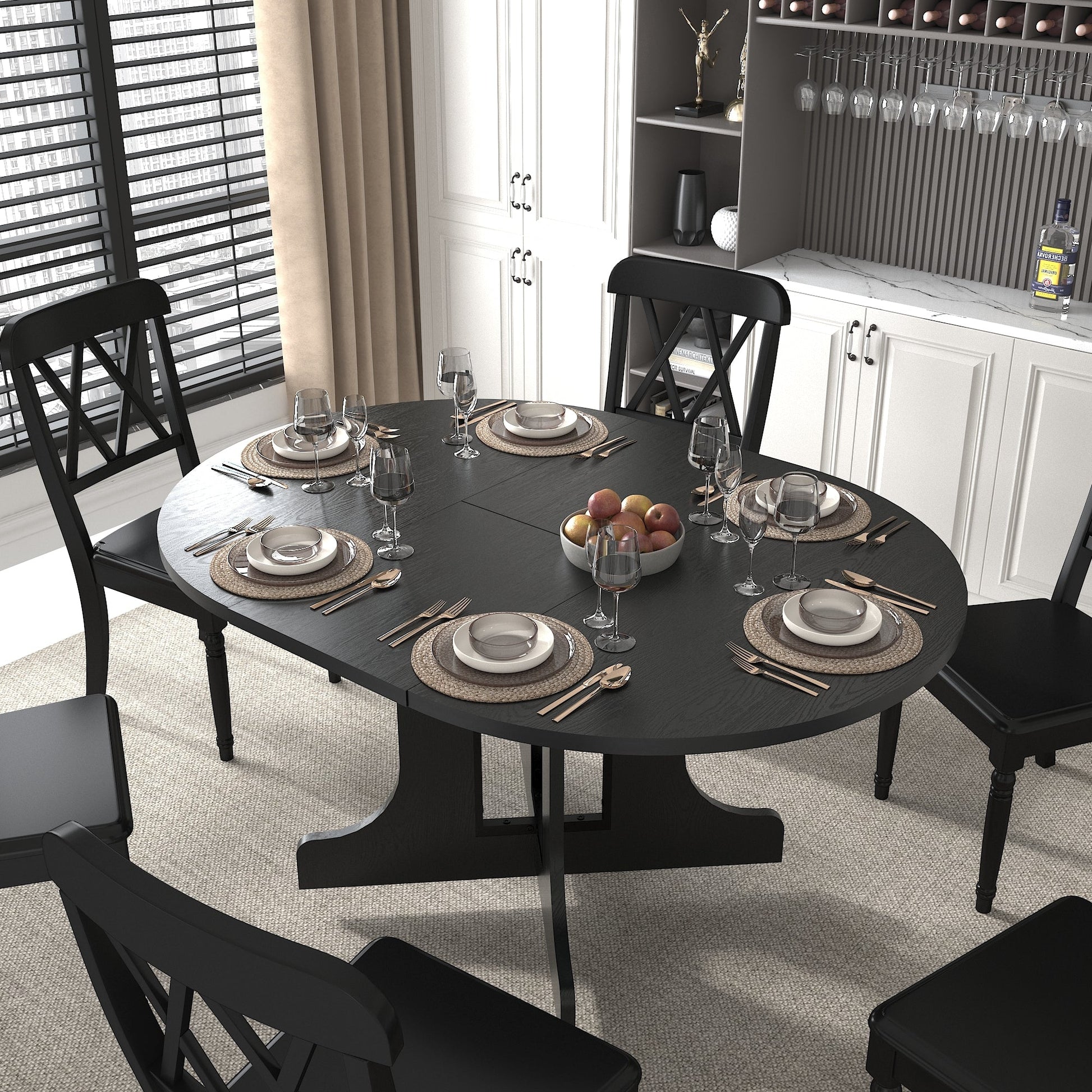 Farmhouse Kitchen Dining Table 59x43 Inch Expandable Oval Top with Removable Leaf Black MDF - 1st Choice Furniture Direct