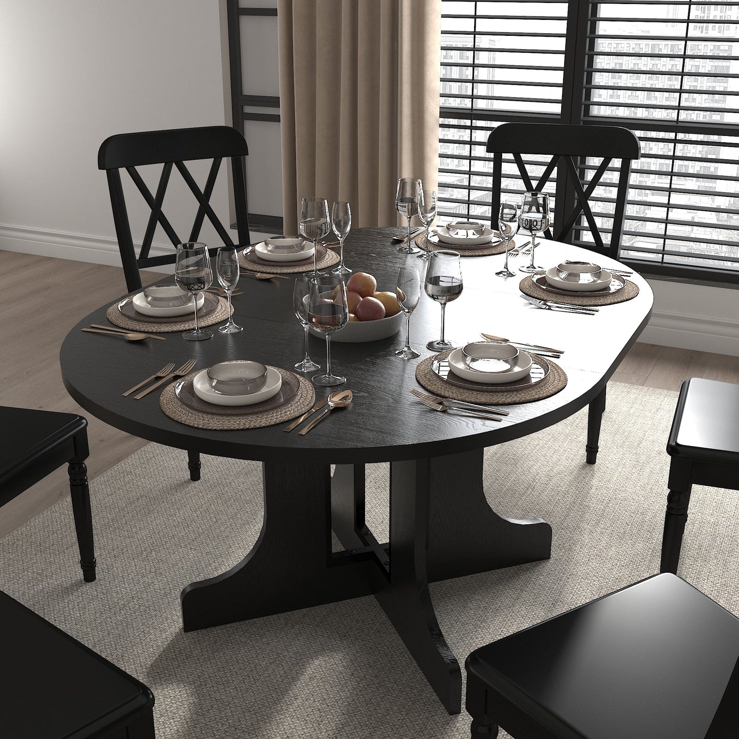 Farmhouse Kitchen Dining Table 59x43 Inch Expandable Oval Top with Removable Leaf Black MDF - 1st Choice Furniture Direct