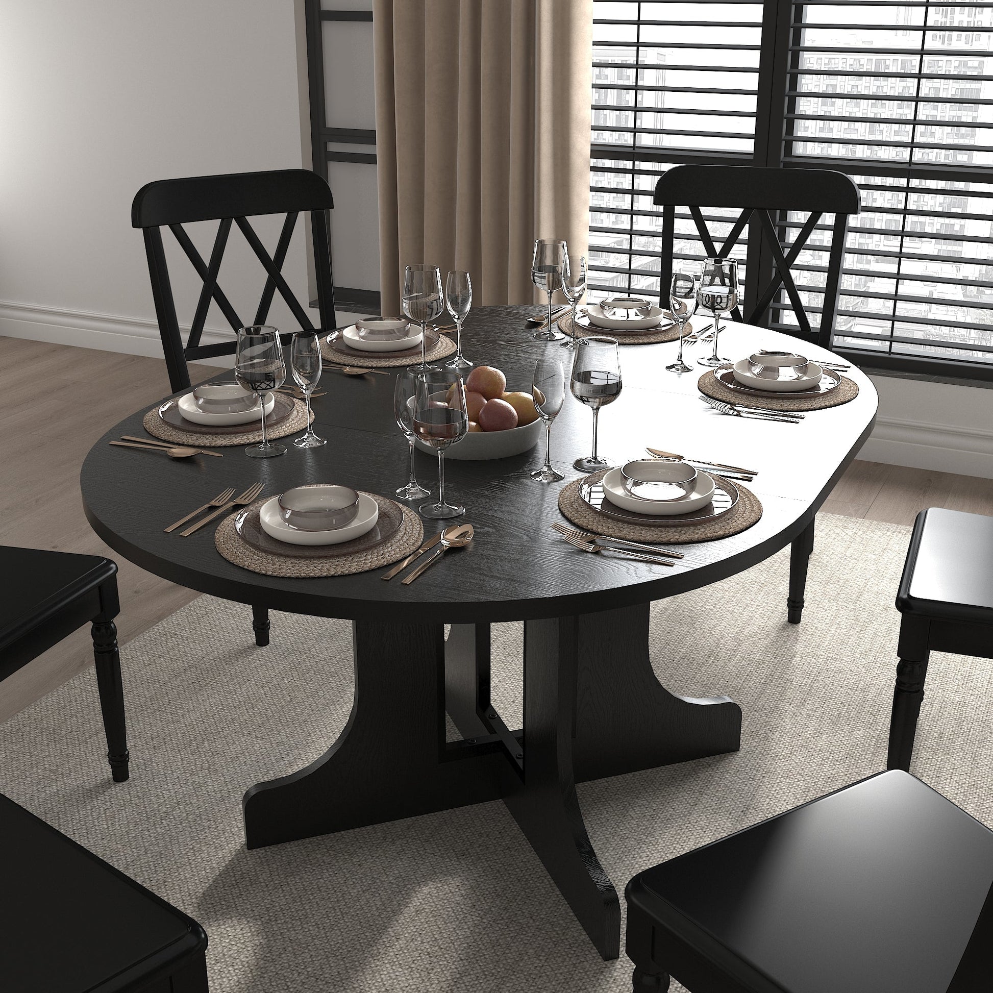 Farmhouse Kitchen Dining Table 59x43 Inch Expandable Oval Top with Removable Leaf Black MDF - 1st Choice Furniture Direct