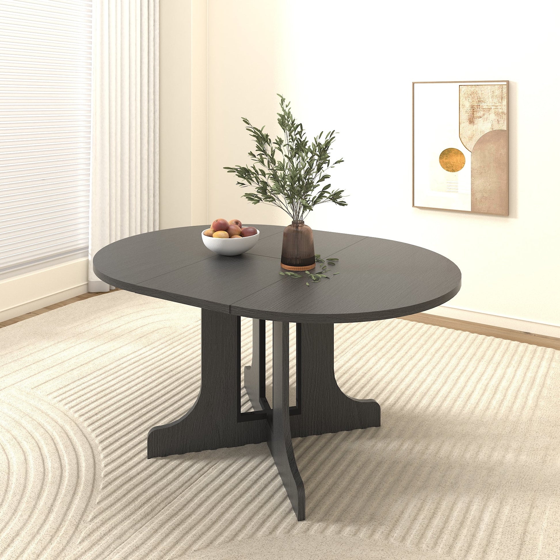 Farmhouse Kitchen Dining Table 59x43 Inch Expandable Oval Top with Removable Leaf Black MDF - 1st Choice Furniture Direct