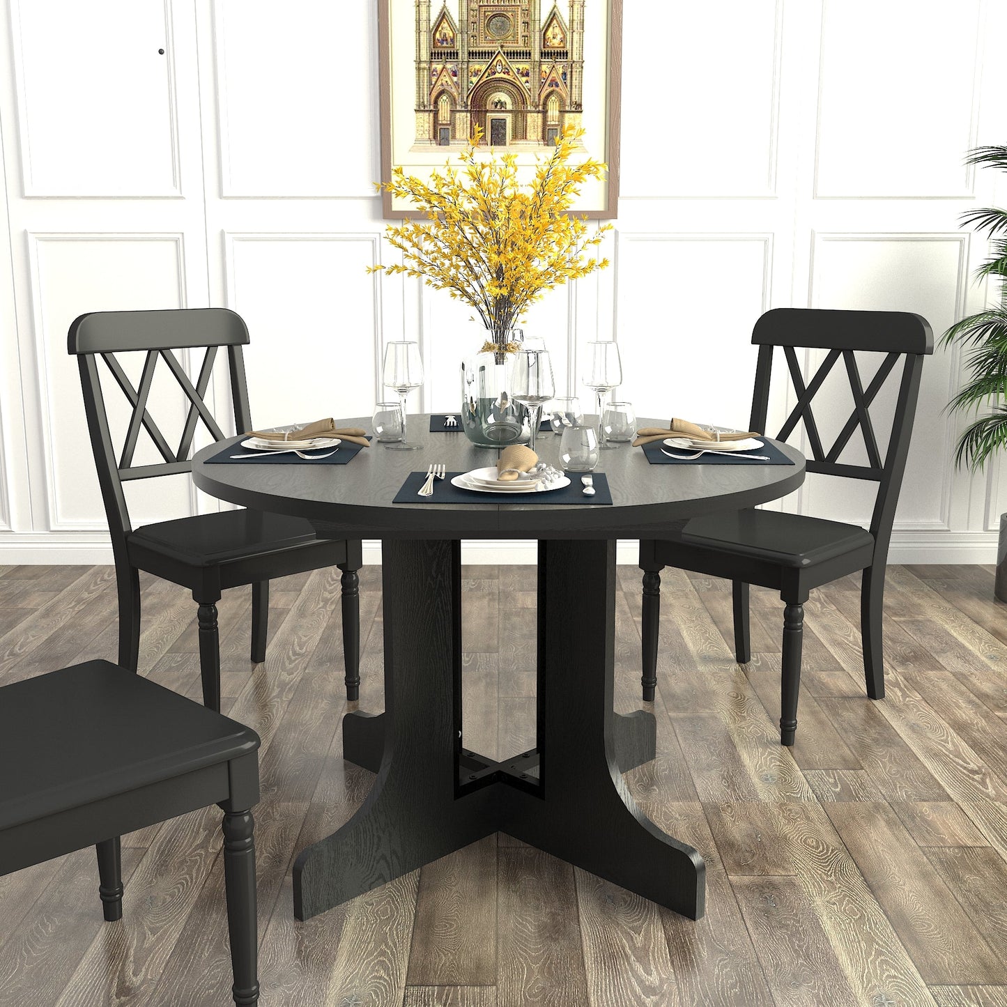 Farmhouse Kitchen Dining Table 59x43 Inch Expandable Oval Top with Removable Leaf Black MDF - 1st Choice Furniture Direct