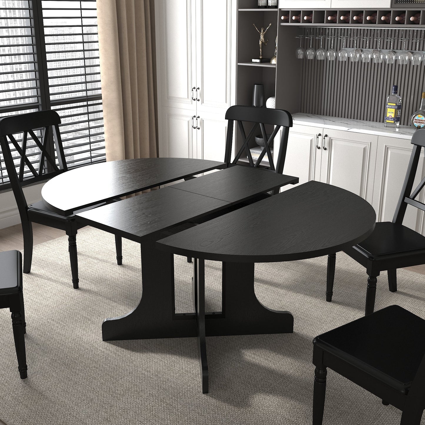 Farmhouse Kitchen Dining Table 59x43 Inch Expandable Oval Top with Removable Leaf Black MDF - 1st Choice Furniture Direct