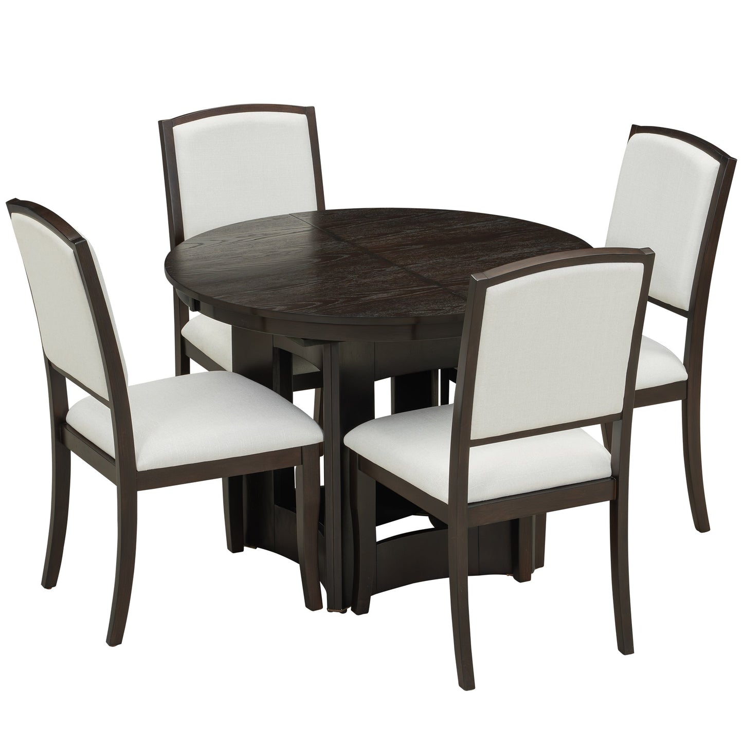Farmhouse Round Dining Table Set for 4 – Extendable Rubber Wood Dining Set with Upholstered Chairs - 1st Choice Furniture Direct